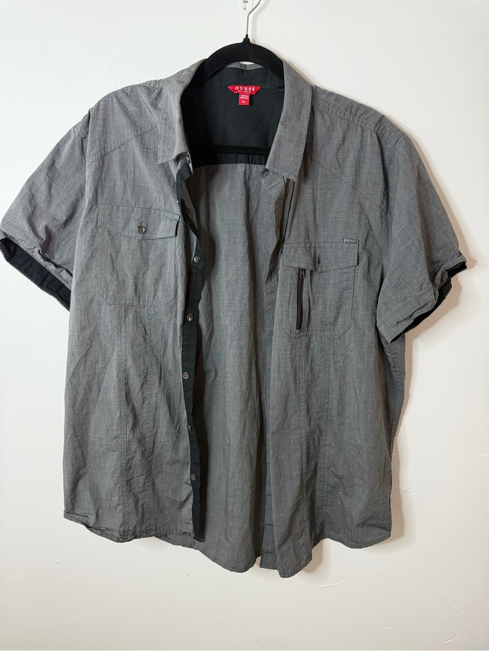 Guess Gray Short Sleeve Button Down Shirt with Chest Pockets